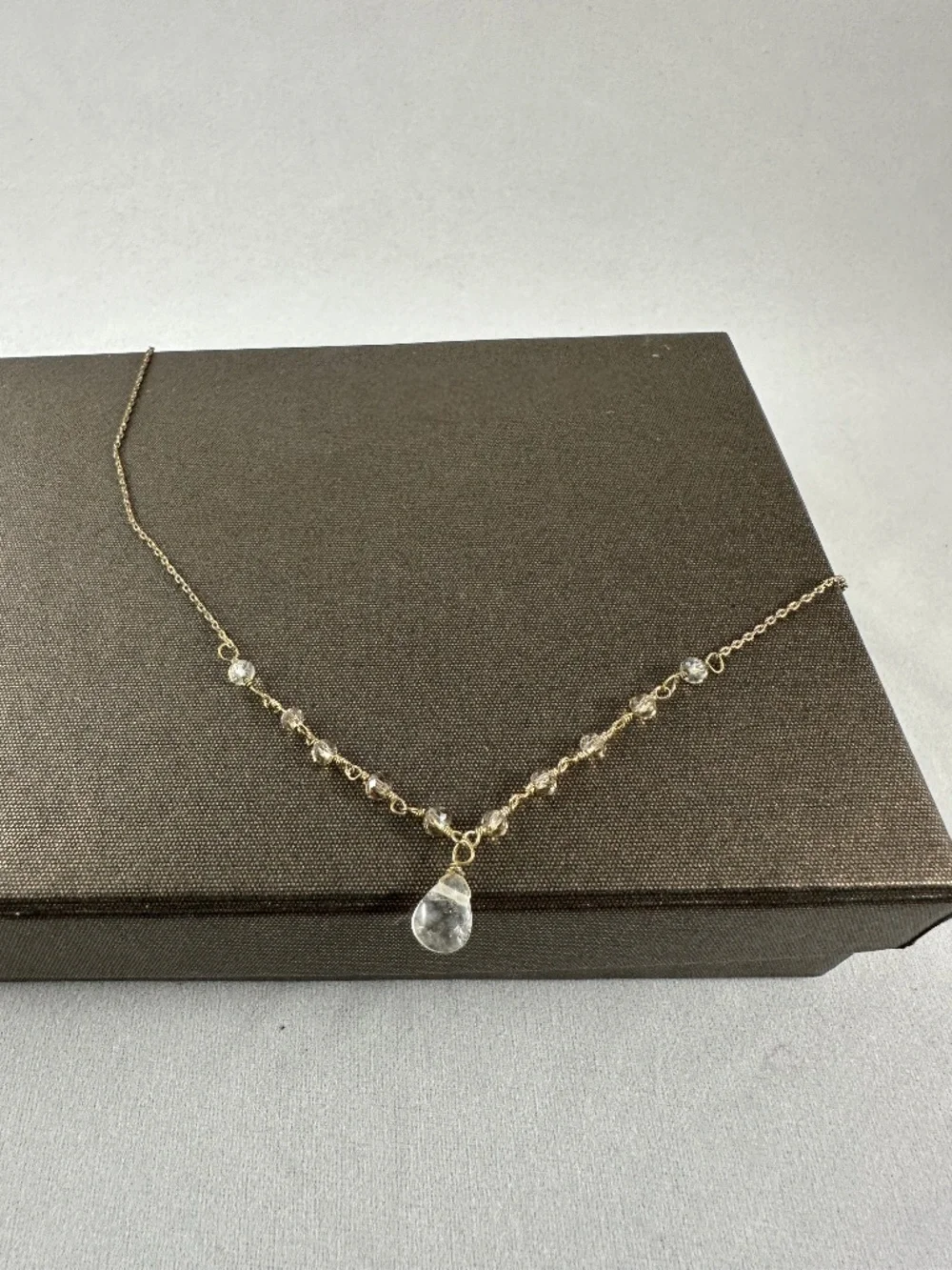 Clear Crystal Teardrop Pendant Necklace with Beaded Accents
